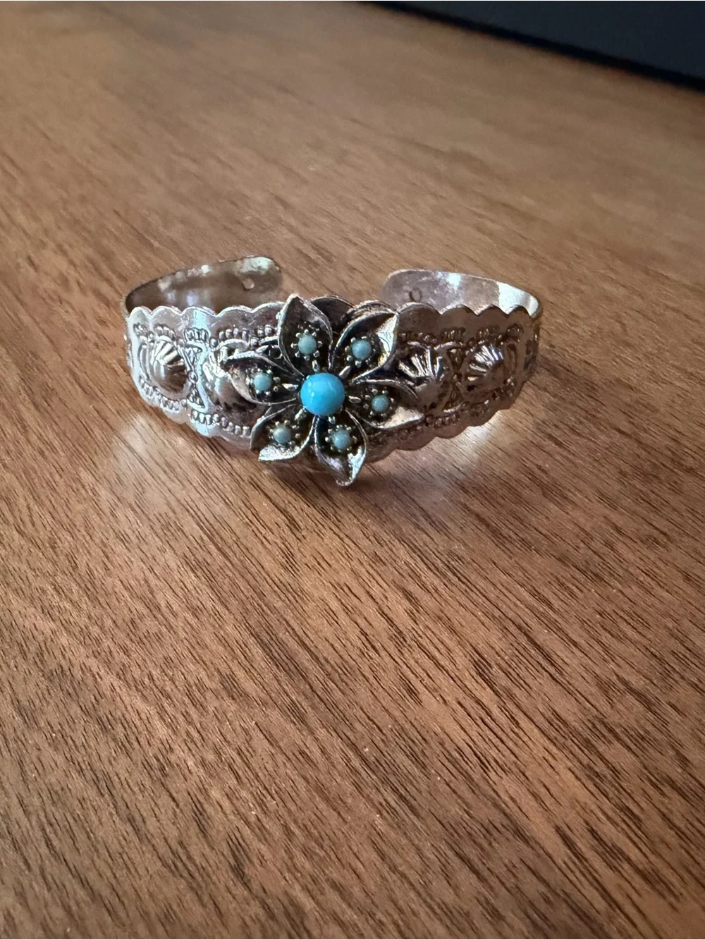 Silver Floral Turquoise Accent Cuff Bracelet - Women Jewelry